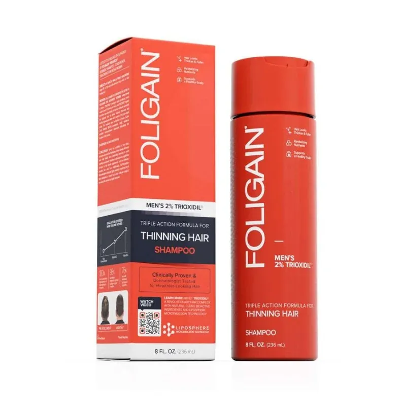 FOLIGAIN Shampoing triple action pour cheveux clairsemés pour homme avec 2% de Trioxidil 236ml