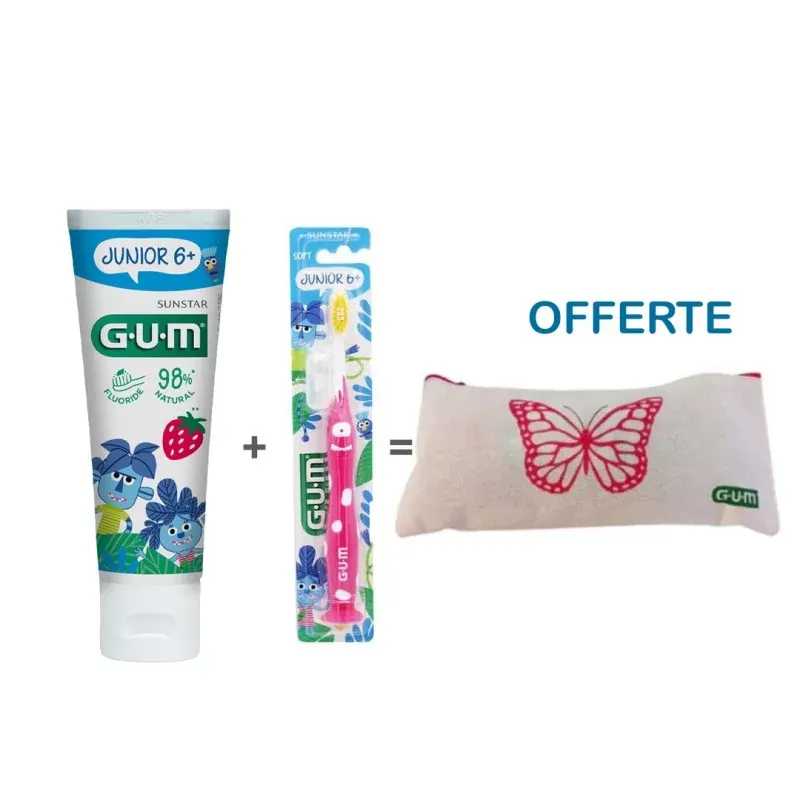 GUM DENTIFRICE JUNIOR 6+ 50 ML et GUM JUNIOR BROSSE A DENTS SOFT Achetes + Trousse Offerte
