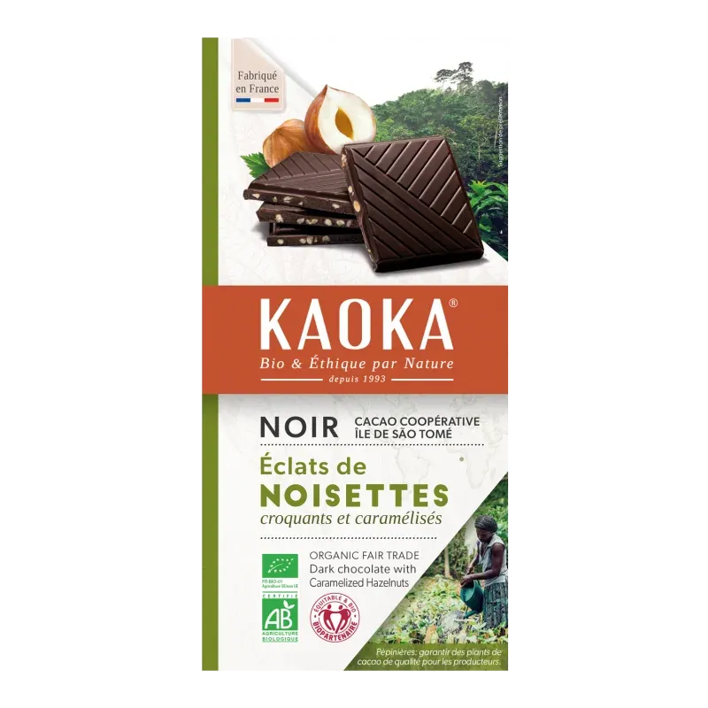KAOKA TABLETTE DE CHOCOLAT NOIR 66% AUX ECLAT NOISETTES CARAMELISES 100G