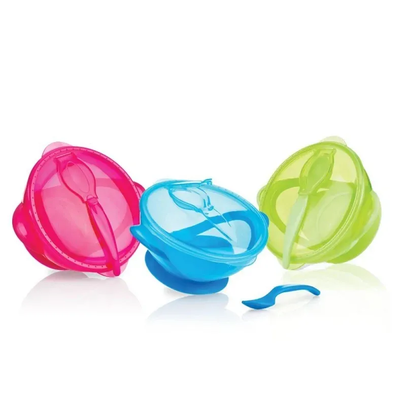 Nûby Assiette profonde PP 300ml avec ventouse, cuillière et couvercle +9 mois Réf : ID5419
